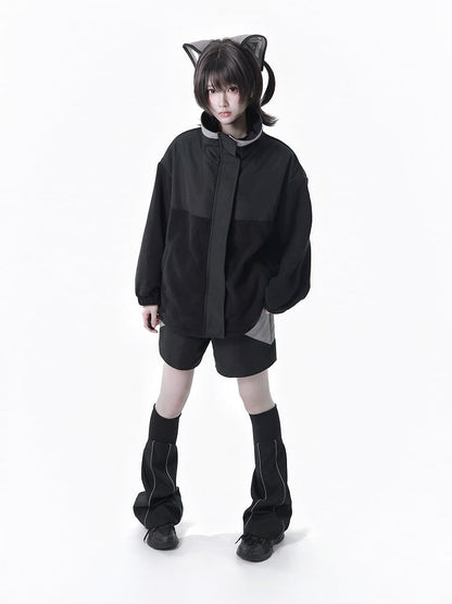 Kaiwai Cyberpunk Black - Two-Piece + Full Gray Leg Shorts Set Hair Clips Warmers Tenshi Techwear Cat Hooded Matching Jacket Ear