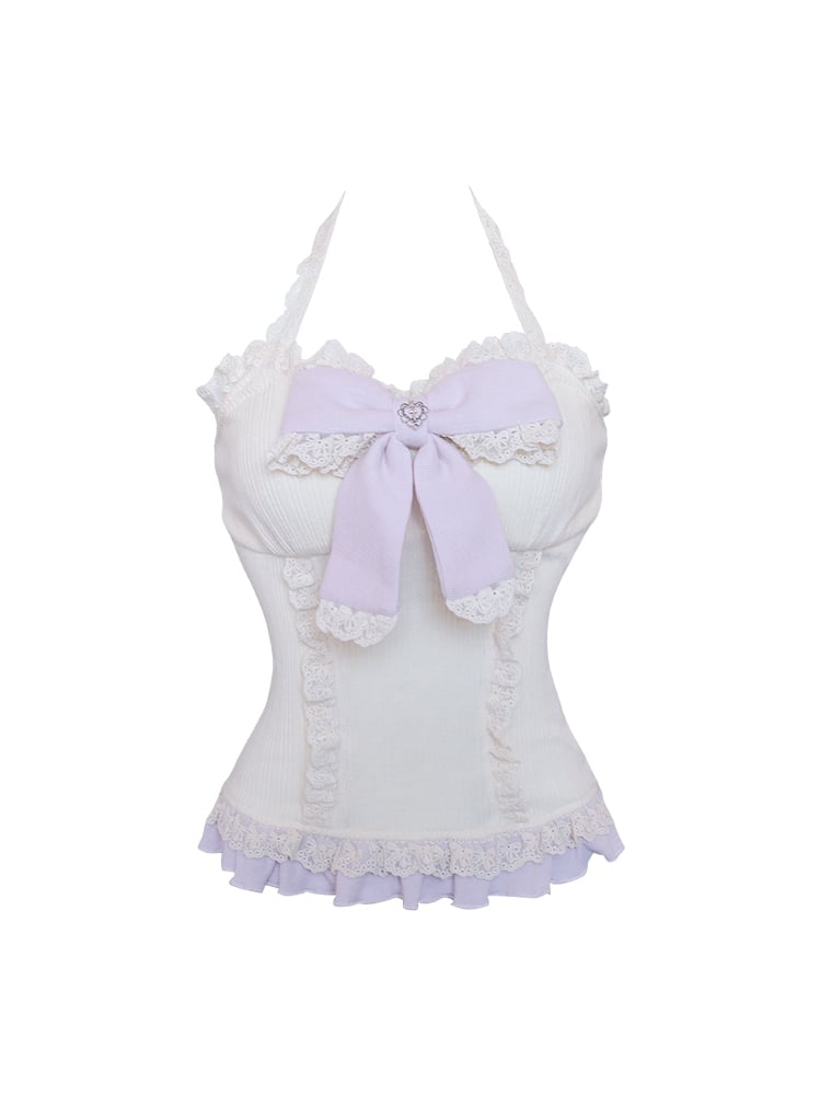 Beige Knit Cami Top with Ruffled Lace Trim and Bow Detail