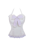 Beige Knit Cami Top with Ruffled Lace Trim and Bow Detail