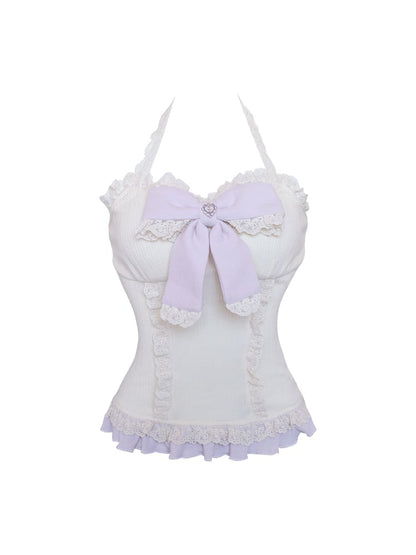 Beige Knit Cami Top with Ruffled Lace Trim and Bow Detail