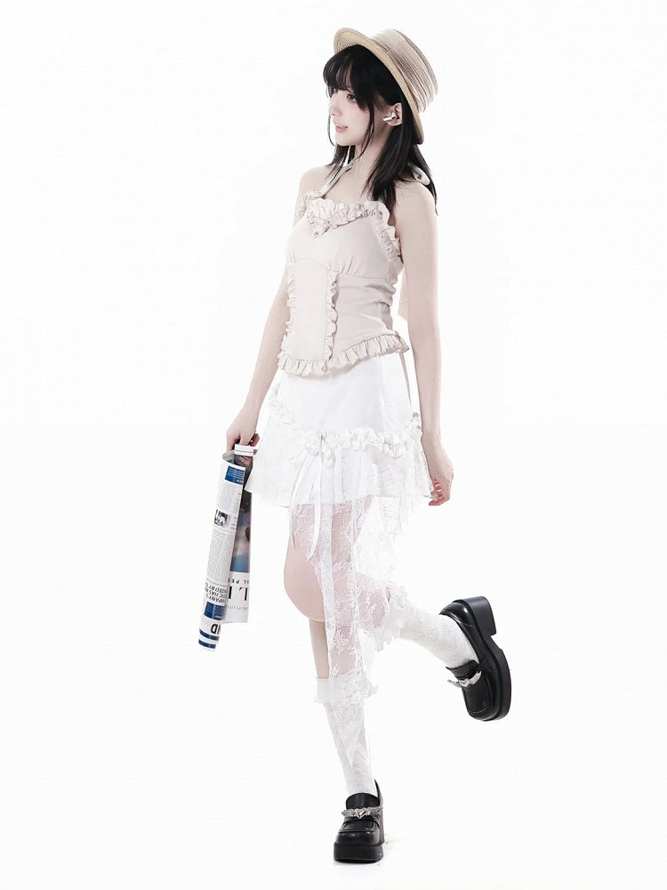 Saum Rosette Verziert Rock Weiß Spitze Patchwork Asymmetrische