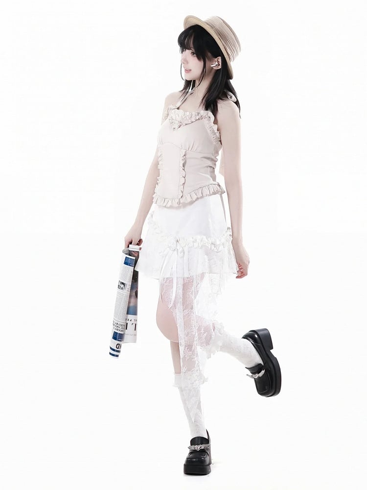 取り外し可能なホルターネック、アプリコットのフリルトリム、ビーズの蝶結び、セルフタイのパッド入りカップ付き