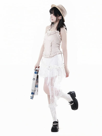 取り外し可能なホルターネック、アプリコットのフリルトリム、ビーズの蝶結び、セルフタイのパッド入りカップ付き