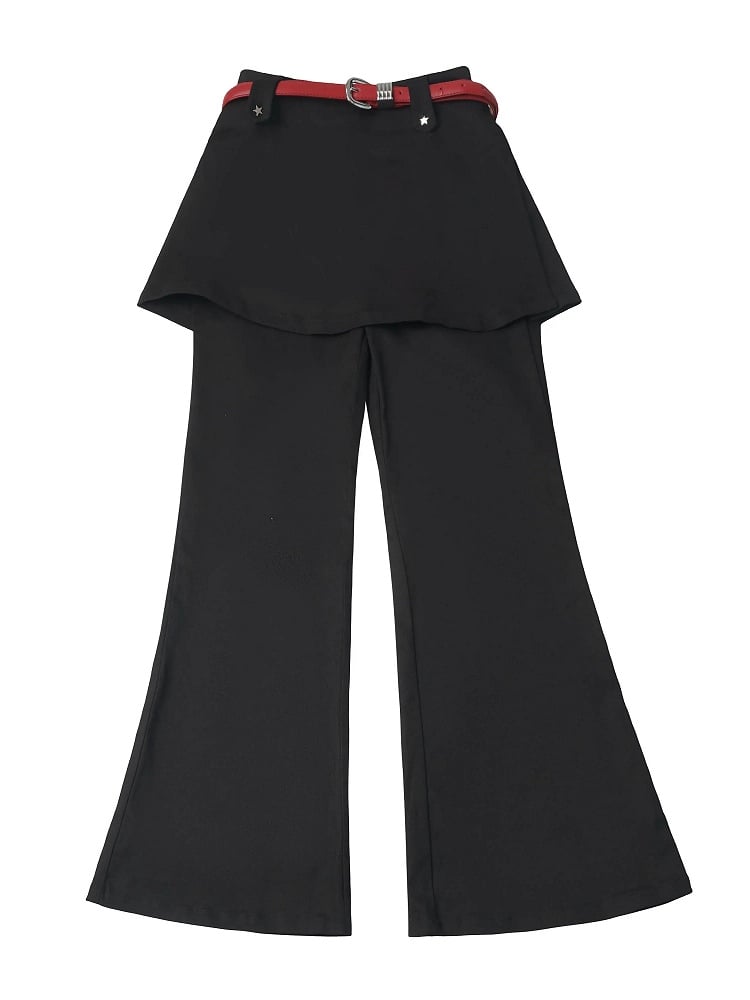 Black Flare Pants with Skirt Overlay Design and Belt - PINK SAVIOR