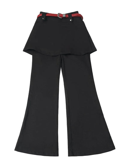 Black Flare Pants with Skirt Overlay Design and Belt - PINK SAVIOR