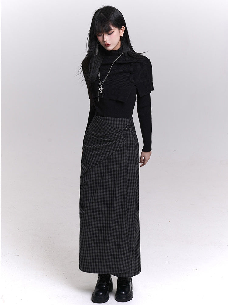 Accents Shawl Set Knit Dark Top Button Gothic Long Gray/Black Sleeves