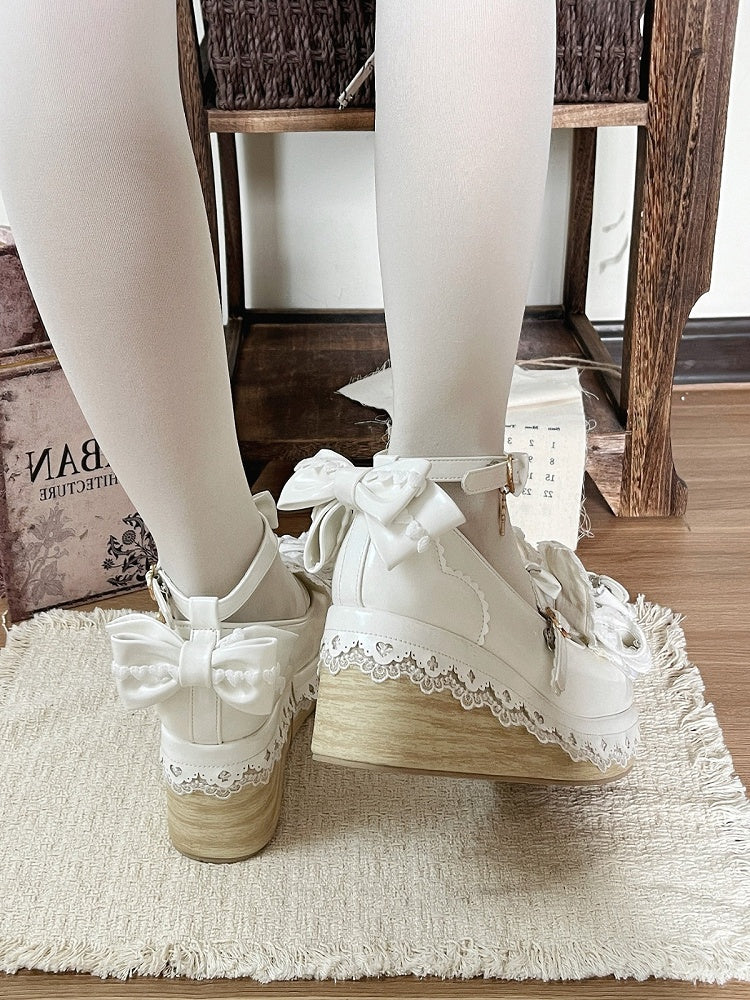 White Kawaii Bowknot Lace Round Toe Shoes with Rabbit Ears - Cheese Mango