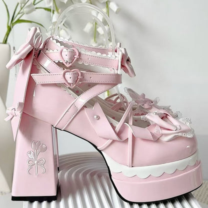 Janes High Pink Striped Block Bow Sweet PU Platform Lolita Heel Mary 10.5cm -