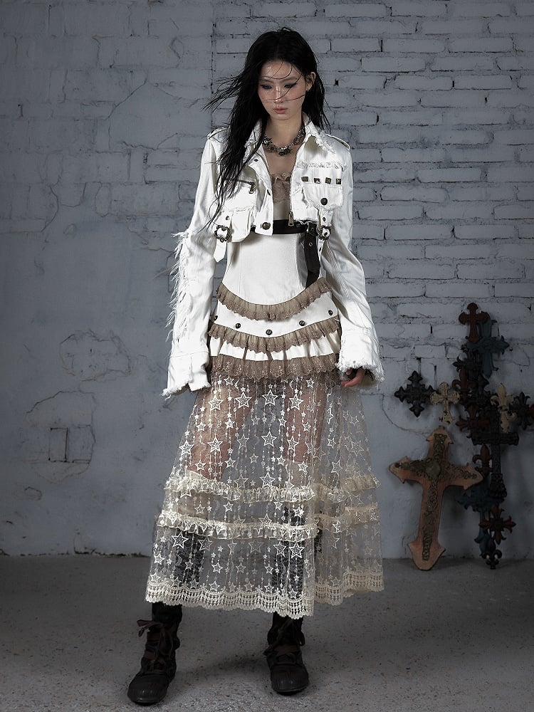 Studded Lace-trimmed Dress with Punk Straps Lace Detachable Overskirt Apricot