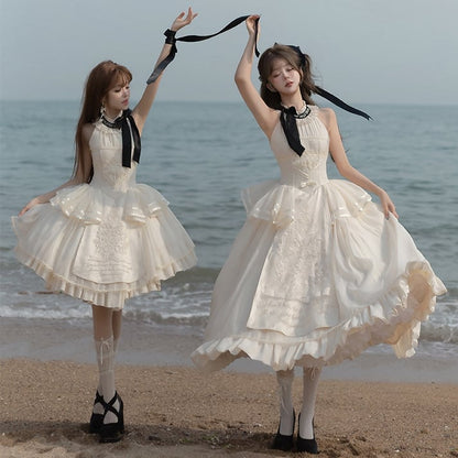 Lolita Neckholder Cremefarbene Detailstickerei Klassisches, zartes rückenfreies Kleid