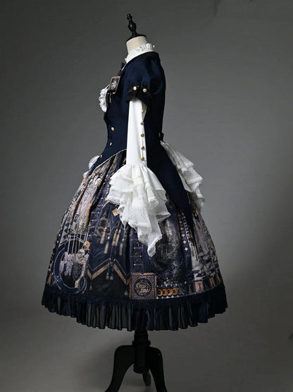 パフカラー スプリットテールスリーブ ブレザー ショート ブルー トップス ダーク