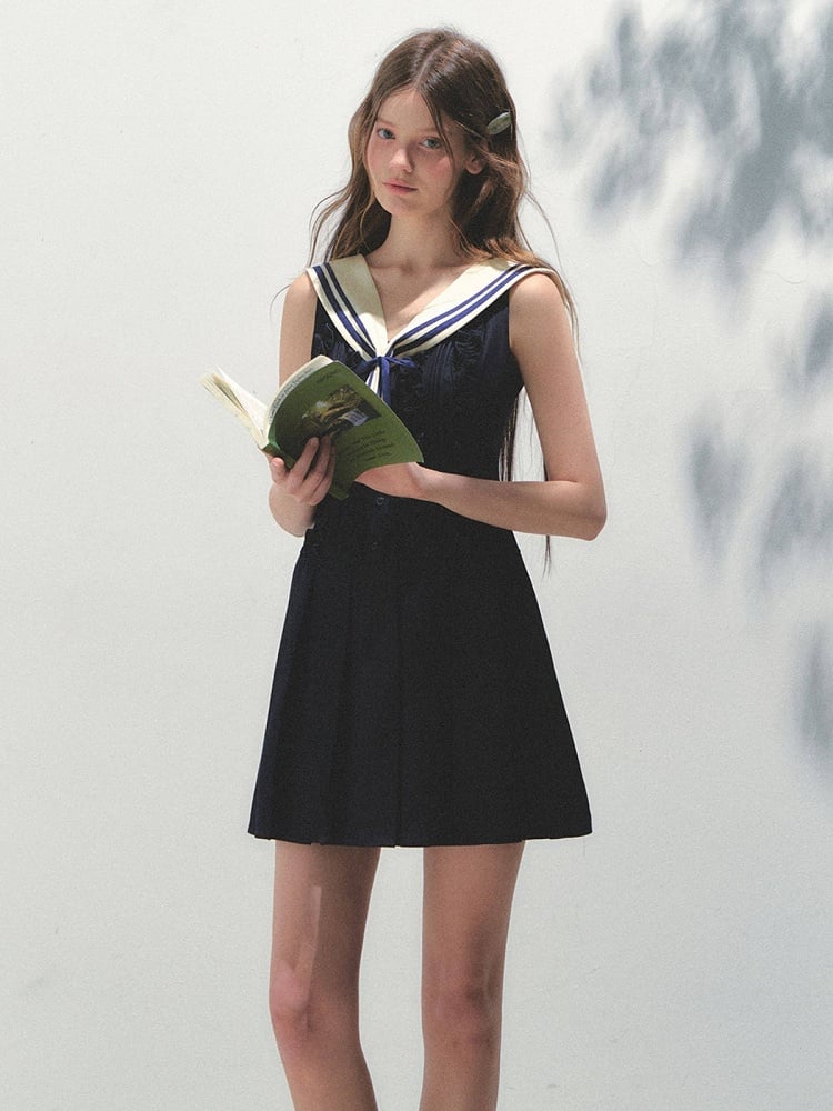 Blue Collar with Pleated Kawaii Detachable Dress Navy Sailor Style