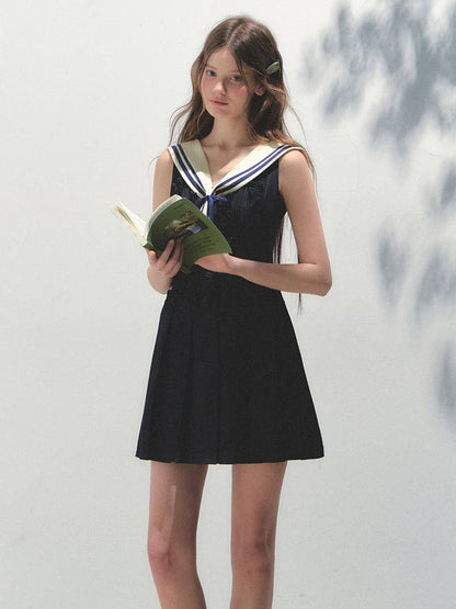 Blue Collar with Pleated Kawaii Detachable Dress Navy Sailor Style