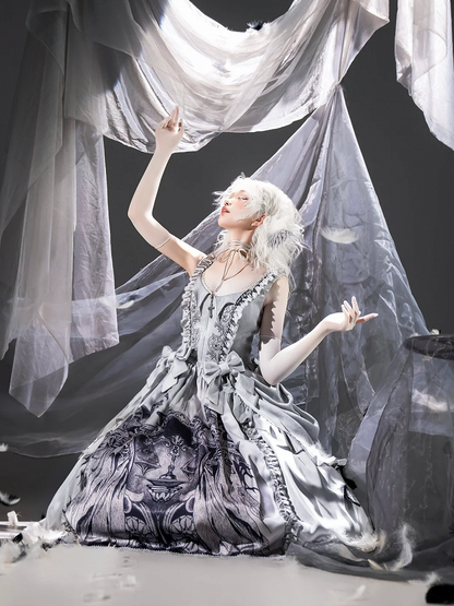 Lolita Bows Gray Detachable Waist with Dress Gothic Reaper at Print Grim Scale and