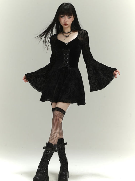 Gothic Black Lace Bell Sleeves Thigh-length Dress with Lace-up Detail