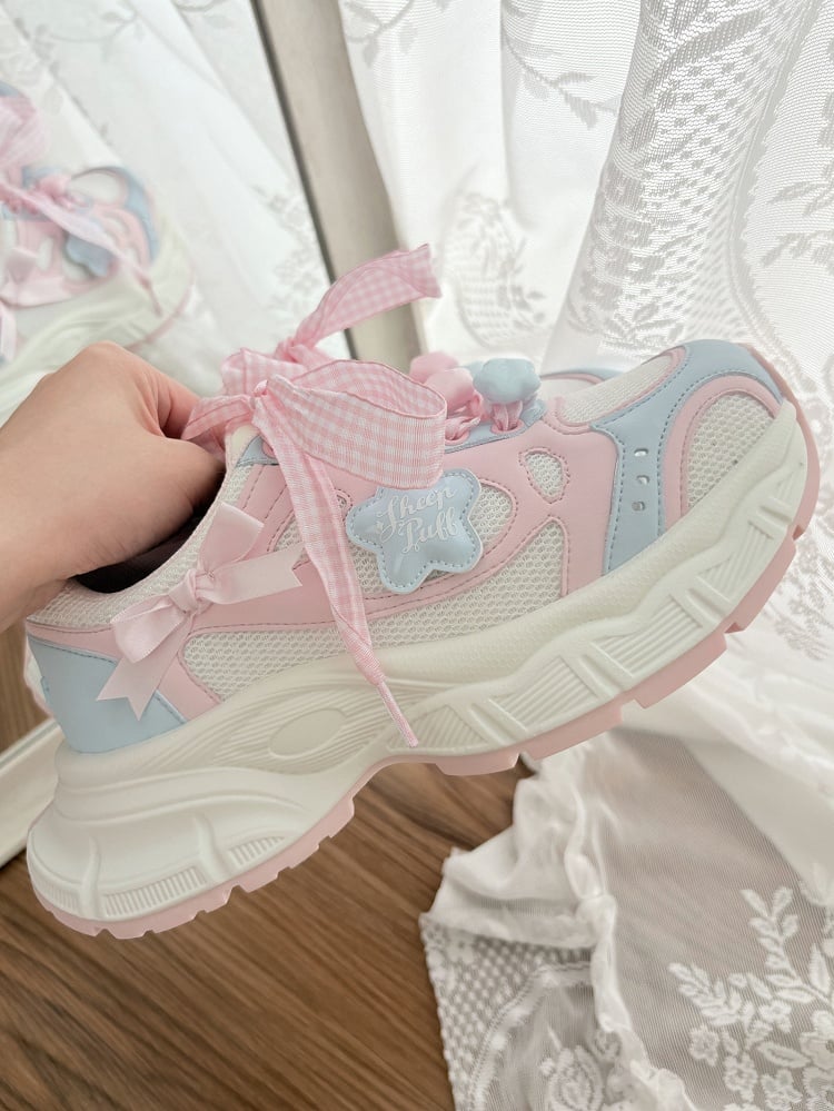 Sneakers Lolita Pink Pattern Plaid Sweet - Lace-Up Blue Closure