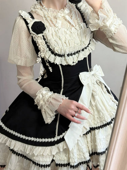 Jumper Beige Lolita Black Fit and Skirt Elegant Tiered Slim Waist