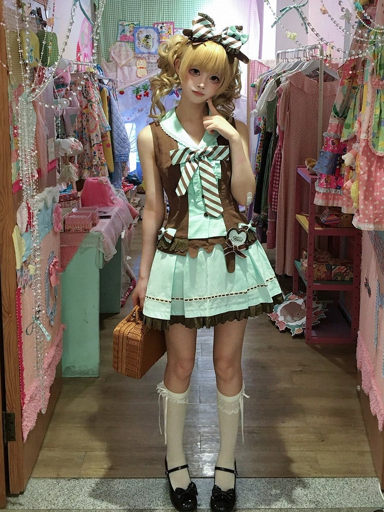 Mint and Cocoa Striped Sleeveless Two-Piece Look Top with Bows - Sweet Dream