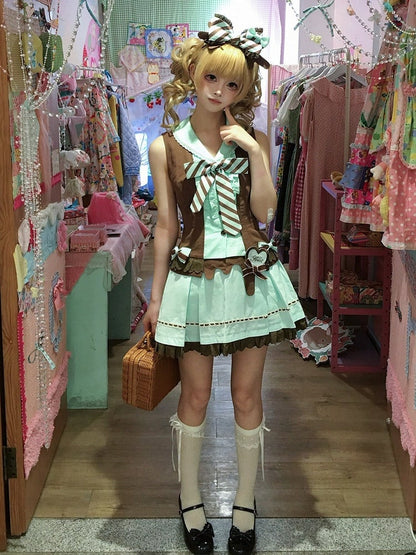 Mint and Cocoa Striped Sleeveless Two-Piece Look Top with Bows - Sweet Dream