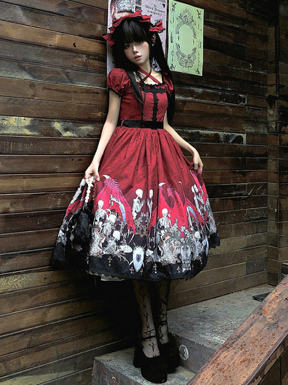 Lace Trim Black Dress Red Lolita and with Cross Print Skeleton Gothic