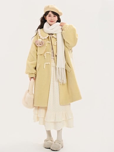 Pan Trim Long Coat and Plush Peter Collar with Yellow