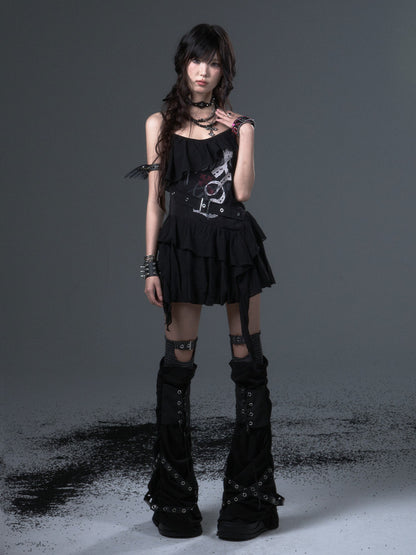 Straps Thin Black Print Slim-fitting Shoulder Top Cami - Floral Ruffled Trim