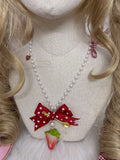 Polka-dot Strawberry Beaded and Bow Necklace Red Pendant