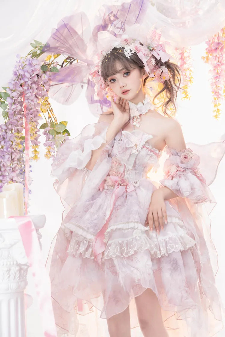 Rosa Prinzessin Fee Blumenmuster Set voller Schmetterling und JSK Kleid Lolita Blume