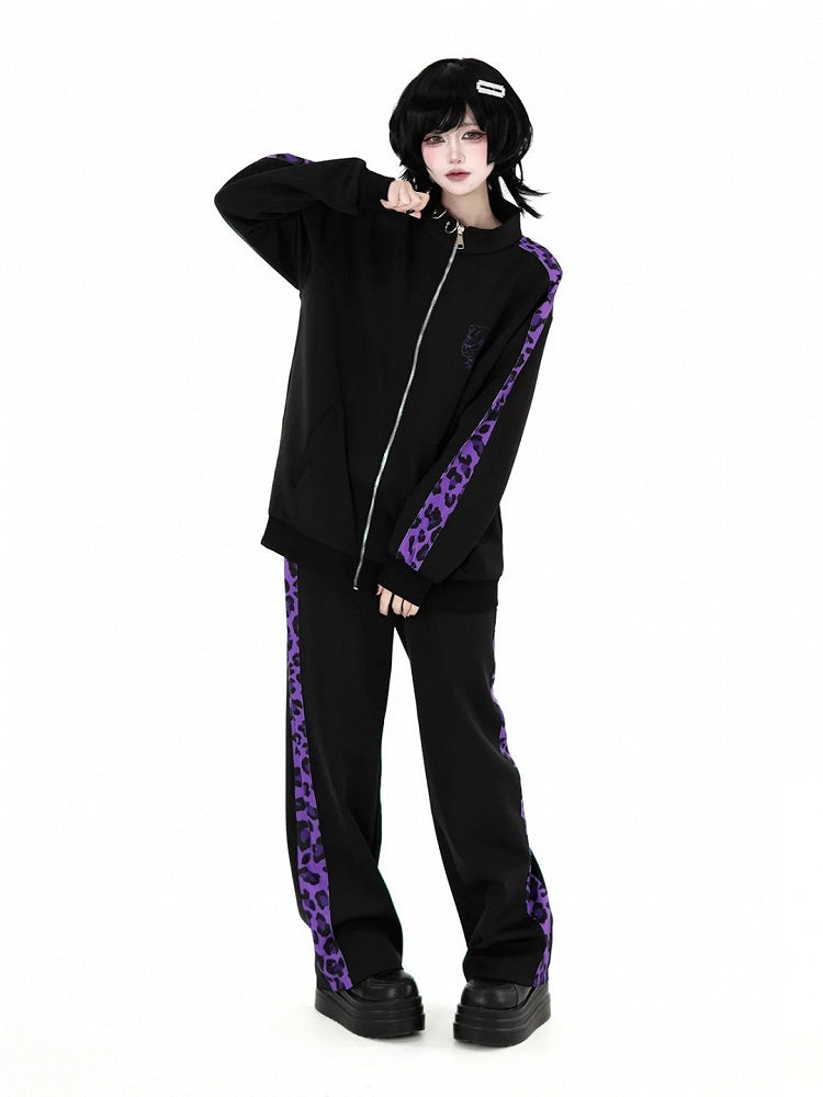 Sporty Jirai Kei Black & Purple Leopard Print Pants - Puzzles