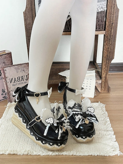 Black Rabbit Bowknot Heart Lace Round Toe Lolita Shoes - Cheese Mango