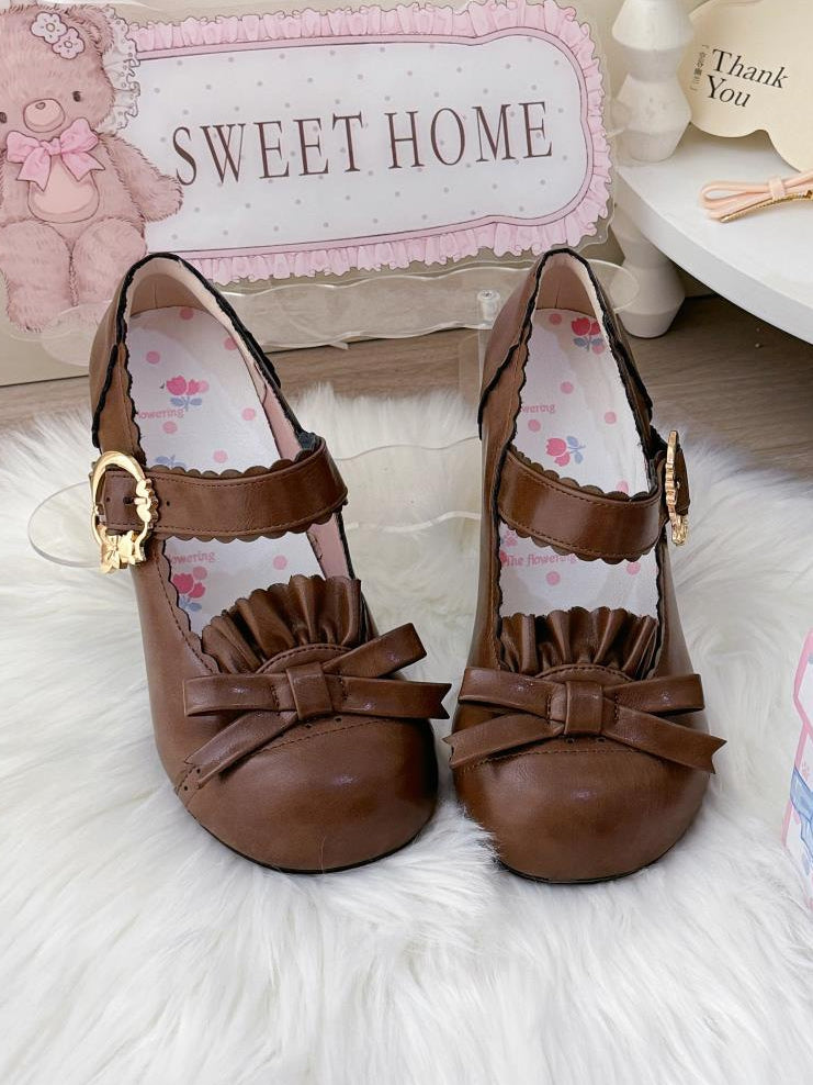 Sweet with Janes Mary ToeDesign - Bow Round Brown Lolita Mid-heel