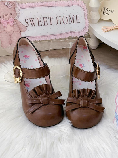 Sweet with Janes Mary ToeDesign - Bow Round Brown Lolita Mid-heel