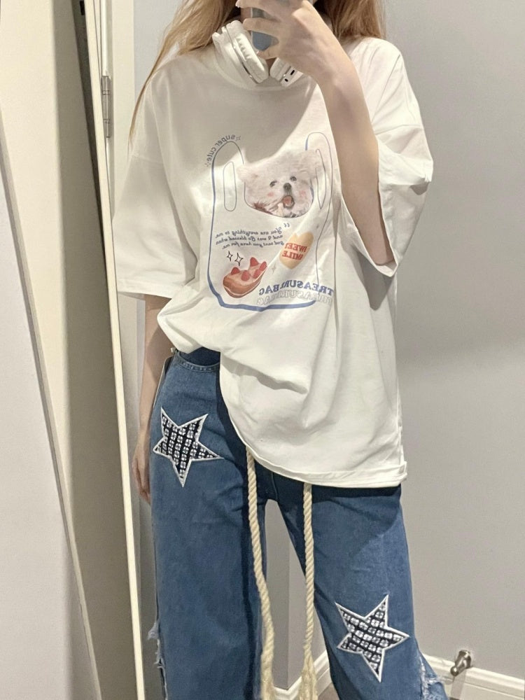 ホワイトのかわいい子犬プリントグラフィックTシャツ