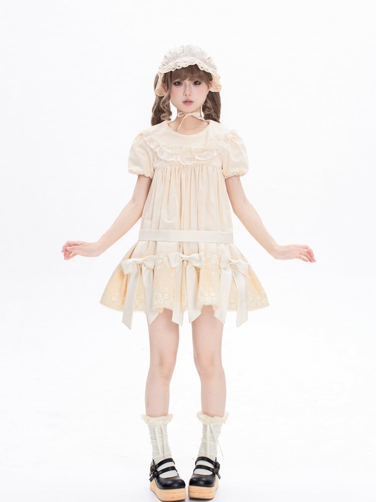 Sweet Beige Crew Neck Short Sleeve Lolita Dress Bow Accents - New Tea