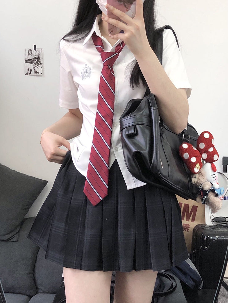 Preppy Embroidered Badge Shirt Short JK Style White Sleeves Uniform