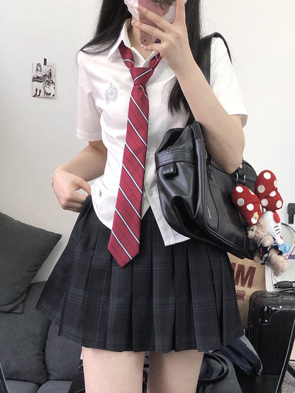 Preppy Embroidered Badge Shirt Short JK Style White Sleeves Uniform