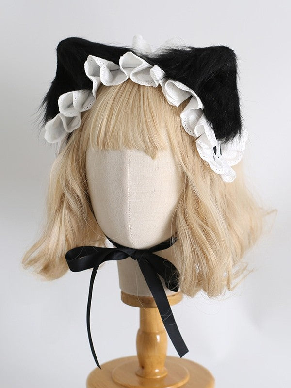 BlackWhite/All With Lolita White Ruffled Clips Plush Hairband Ear Kitty Sweet