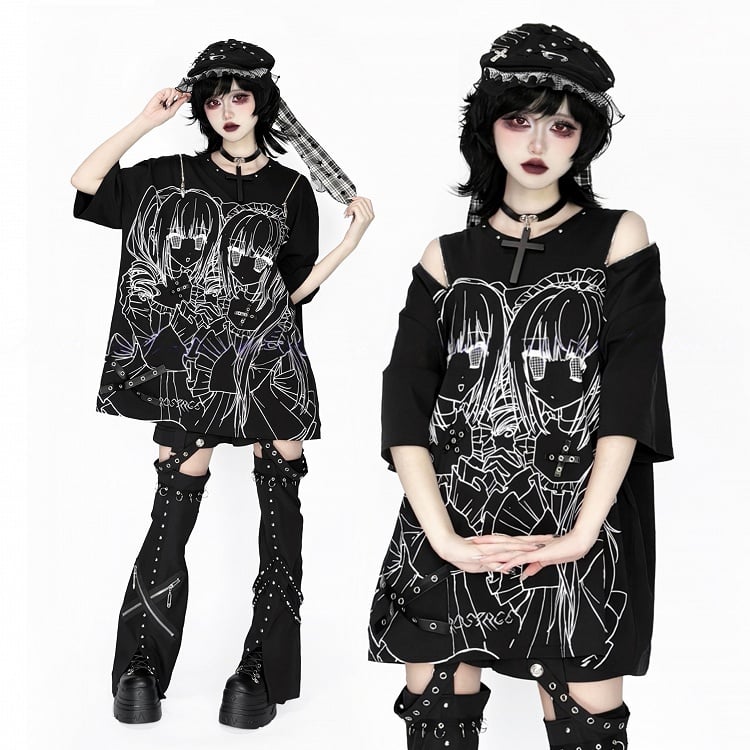 Shoulder Cutout Dark Jirai Top Short-Sleeve Printed Girl Kei
