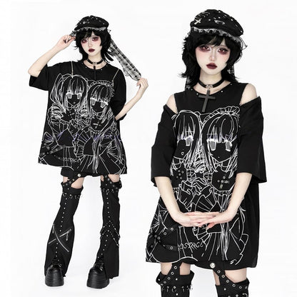 Shoulder Cutout Dark Jirai Top Short-Sleeve Printed Girl Kei