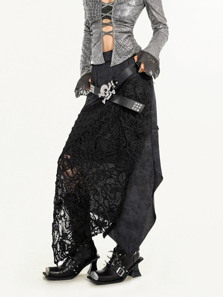 Lace Patchwork Black Asymmetrical Knit Skirt with Cutout