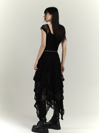 Gothic Black Round Neck Lace Handkerchief Hem Dress