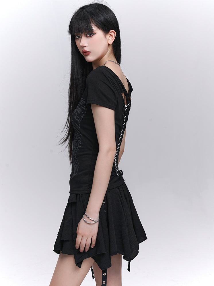 Asymmetrical Hem Tiered Skirt with Black Serpentine Belt