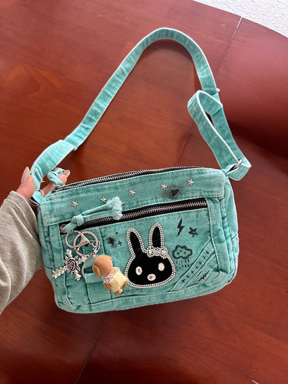 Vintage Mint Green Single Shoulder Purse with Rabbit Motif - Black Cherry Sauce