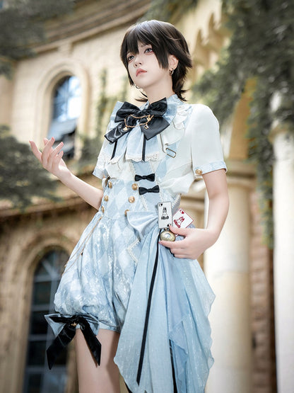 Schleife Alice Muster Wunderland Lolita in + Blau Weiß Outfit Overall - Shorts Vibes Ouji Diamond Shirt