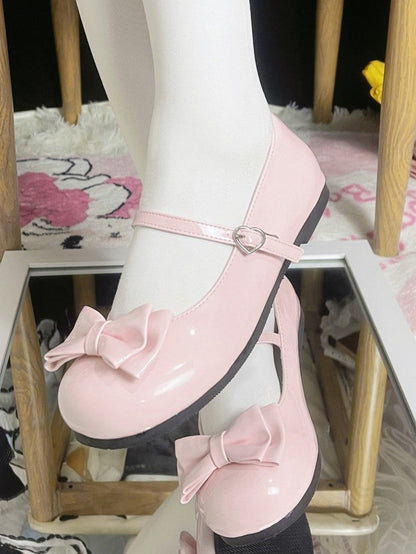 Round Toe Pink Sweet Lolita Flats with 1 cm Heel & Bow Details