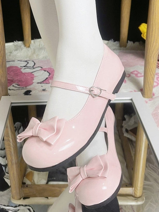 Round Toe Pink Sweet Lolita Flats with 1 cm Heel & Bow Details