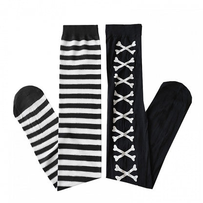 Asymmetrical Pattern Halloween Black Crossbones Gothic White Design Stockings Striped