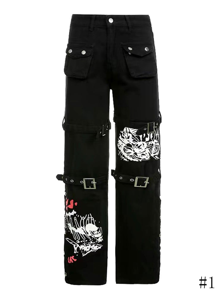 Straps Black Pants Y2K Straight-leg with Buckle