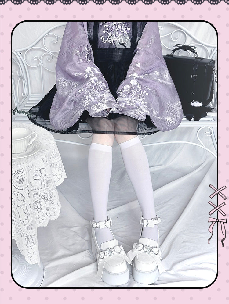 Polished Heel Shoes Top with Loafers High Accents Bow White Block Jirai Kei Rhinestone Platform