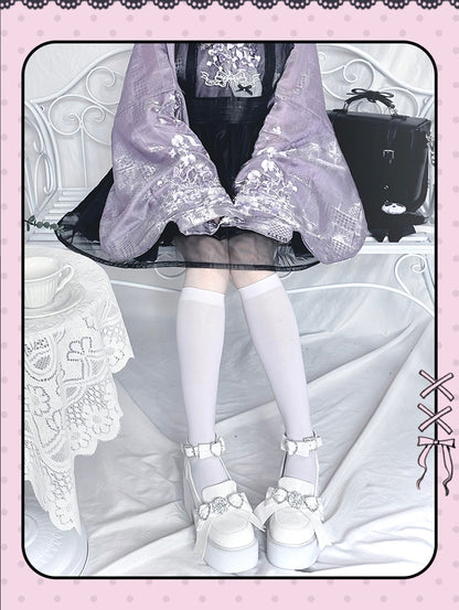 Polished Heel Shoes Top with Loafers High Accents Bow White Block Jirai Kei Rhinestone Platform